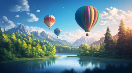Fototapeta premium Hot air balloons flying above lake and forest. Vector parallax background ready for 2d animation with cartoon illustration of summer landscape with colorful airships with baskets