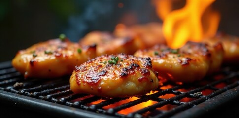 Grilled chicken pieces sizzling on hot barbecue, charcoal, healthy