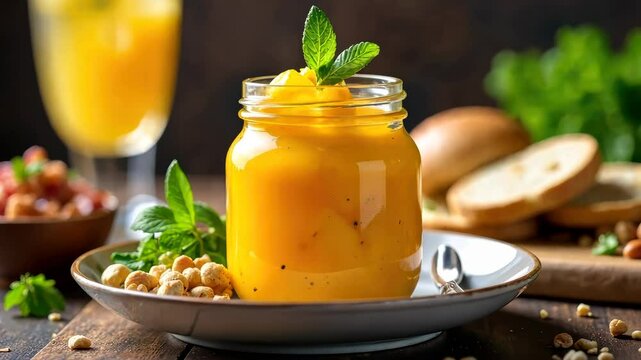 Jar of mango pickle or chutney with fresh mint, accompanied by cashews and rusk on a rustic wooden table