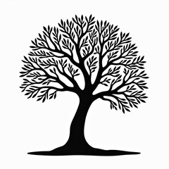 Simplistic tree silhouette graphic, presented in stylized flat black color isolated on white background. Natural minimalist art with outline design environment symbol. Illustration clean simple,
