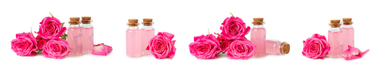 Rose essential oil isolated on white background.Roses and a bottle of rose perfumed water. Aromatherapy treatment. Beauty concept. Spa procedure.Natural organic oil.Anti-stress and detox relax.