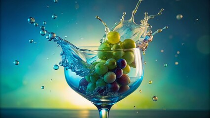 Sparkling Water Drops Falling into Wine Glass with Grapes - Refreshing Summer Drink Stock Photo
