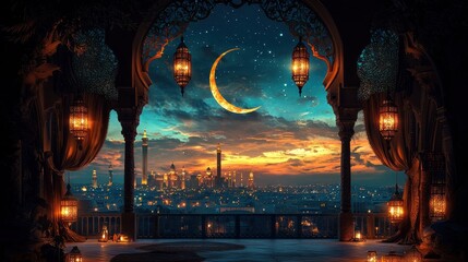 Obraz premium Enchanting Cityscape at Dusk with Crescent Moon and Glowing Lanterns in the Night Sky Magical Urban Landscape with Illuminated Skyscrapers and Reflections