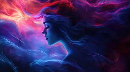 A woman's face emerges from cosmic brilliance, where vibrant hues dance across stars and galaxies, embodying both earthly elegance and universal mystery in dynamic detail