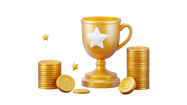 A modern 3D rendered financial growth concept featuring a trophy shaped golden cup with a white star symbolizing success and monetary accomplishment  Below it
