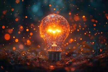 Bright light bulb glowing amidst sparkling particles on a dark forest floor at night