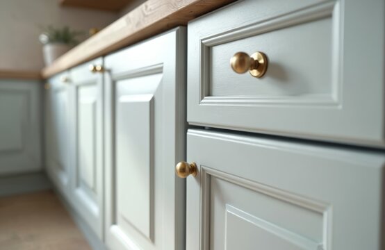 Close-up of kitchen cabinet doors with fresh paint, golden knobs. Home improvement interior design renovation concept. Painted cabinets renovation project. New kitchen cabinets installed, real estate.