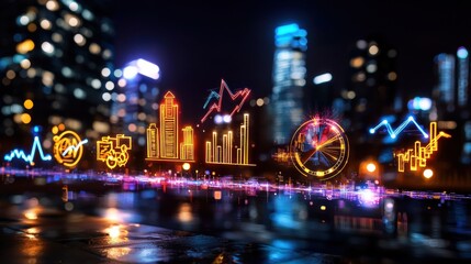 Fototapeta na wymiar Stunning night cityscape of a modern vibrant city with skyscrapers bridges and colorful neon lights reflecting on the water below