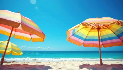 Vibrant beach umbrellas, azure sky Sunny day, summer vibes , bright, coastal, landscape
