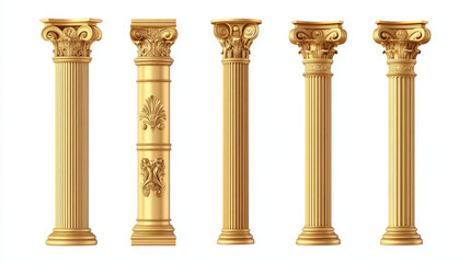 Antique gold pillars set. Ancient columns with golden decorative texture isolated on white background. Roman or greece facade decoration, luxury architecture elements, Realistic 3d vector illustration
