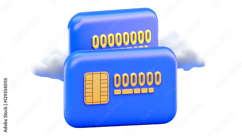 Poster futuristic 3d rendered image of two stacked blue credit cards with gold embossed details including a
