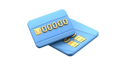 Sleek Blue Credit Cards with Gold Embossed Numbers for Futuristic Fintech and Banking Branding Solutions  This 3D rendered digital features overlapping credit cards with a modern high tech aesthetic