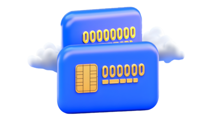 Futuristic 3D rendered image of two stacked blue credit cards with gold embossed details including a chip contactless payment symbol and the number 0000000000000000