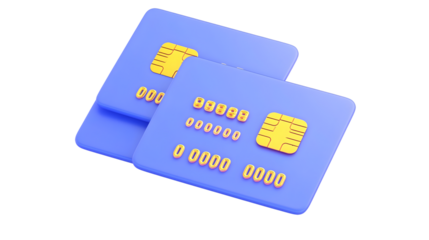 A modern 3D rendered financial concept showcasing two stylish blue credit cards with gold embossed details including a 16 digit number a built in chip and a contactless payment symbol