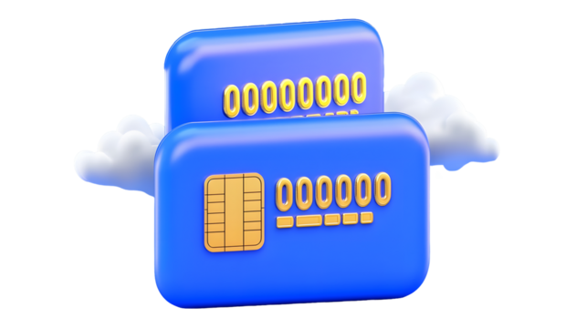 Futuristic 3D rendered image of two stacked blue credit cards with gold embossed details including a chip contactless payment symbol and the number 0000000000000000