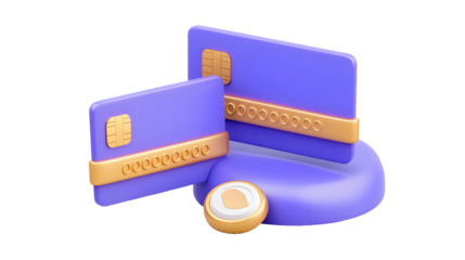 Futuristic 3D rendered digital payment concept displaying two modern blue credit cards with golden embossed details a security chip and a placeholder card number