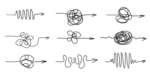 Chaos clarity arrow wire thread doodle sketch set. Hand drawn swirl way line solving trouble, problem collection. 