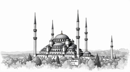 Detailed Black and White Illustration of the Selimiye Mosque