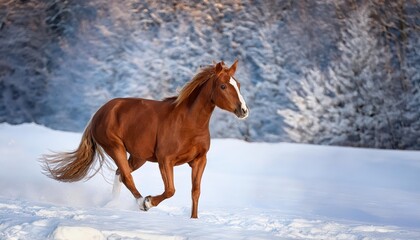 Galloping Brown Steed Amidst Frosty Winter Landscape, Capturing the Vigor and Serenity of a Snowy Morn, Beneath Crystal Clear Skies with Pristine Textures and Shadows. characters