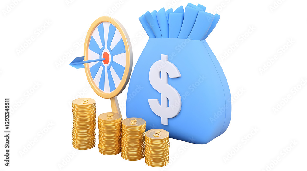 Poster futuristic 3d rendered financial growth concept displaying shiny blue money bag with prominent white