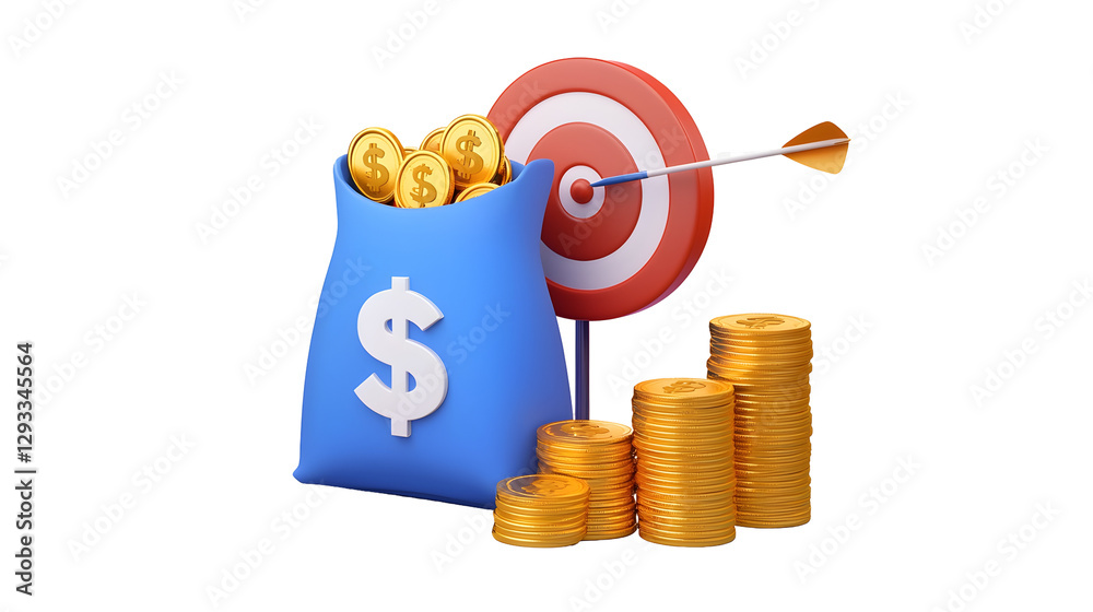 Poster a 3d rendered financial strategy concept featuring a vibrant blue money bag with a white dollar sign