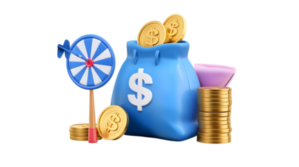 Glossy Blue Money Bag with Gold Coins and Bullseye Dart Symbolizing Financial Success and Strategic Investment for Fintech Banking and Investment Visuals