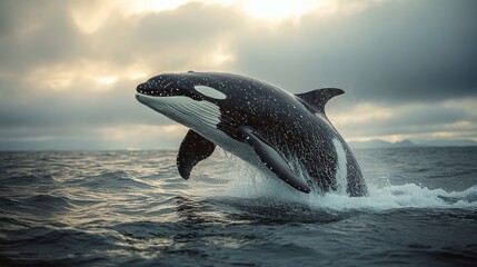 Obraz premium Killer whale breaching in the ocean at sunset with dramatic sky and waves. Marine wildlife and oceanic adventure concept