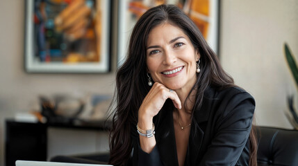 Confident professional woman with long dark hair, black blazer, warm smile, hand on chin, sitting in an office with a desk, pens, framed artwork, and soft lighting.