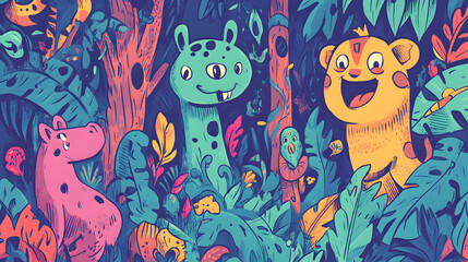 doodle art jungle with cute animals, twisting vines, and happy trees with expressive faces 