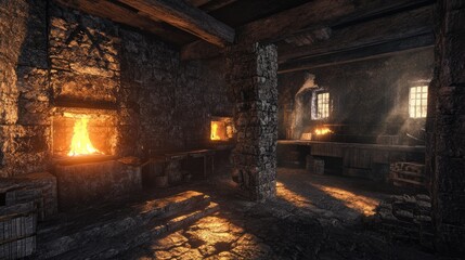 Fototapeta premium Medieval Forge: Stone Walls, Burning Fires, and Rustic Charm