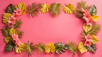 Obraz premium Tropical leaf border frame repeat pattern. Great for summer party invitations, beach-themed decor, or vibrant stationery. Surface pattern design