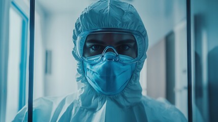 Focused Healthcare Professional In Protective Gear Behind Glass BarrierAnd is the subject, and
