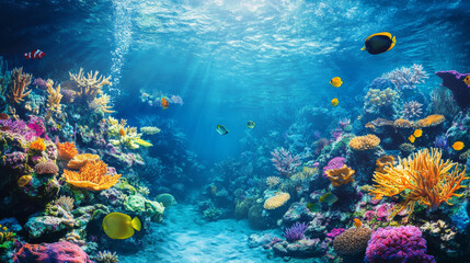 Naklejka premium Underwater sea landscape with marine plants and animals. Vector cartoon illustration of ocean bottom with stones and tropical undersea fauna, actinias and sponges