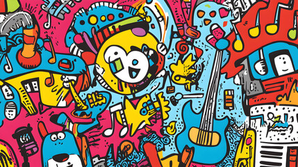doodle art music scene with animated instruments, dancing notes, and energetic characters enjoying the beat 