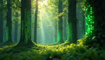 Digital forest trees covered green matrix binary code. Tech, digital environmental concept, coding, corporate, social impact, eco sustainability, value, ethical framework, responsible business, green