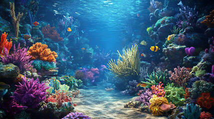 Underwater sea landscape with marine plants and animals. Vector cartoon illustration of ocean bottom with stones and tropical undersea fauna, actinias and sponges