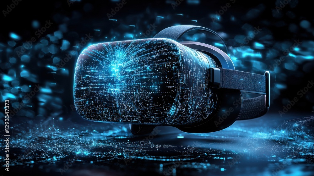 Poster closeup view of a futuristic virtual reality headset device with advanced digital technology immersi