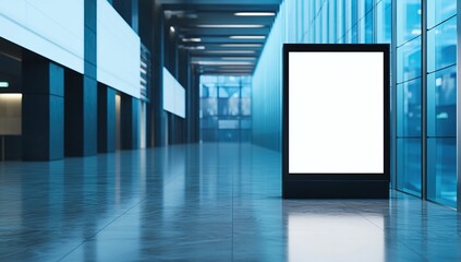 Blank White Billboard in Modern Blue Office Hallway