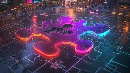 Fototapeta premium Captivating neon puzzle shapes in a vibrant glowing digital dreamscape This abstract futuristic artwork features a mesmerizing blend of colorful luminous geometric patterns and shapes