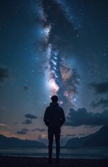 Fototapeta premium Silhouette of person on coast observes milky way. Night skies, cosmos observation. Stars, galaxy and nebulae illuminate the scene. Concept of universe exploration, mental health, calm and mindfulness.