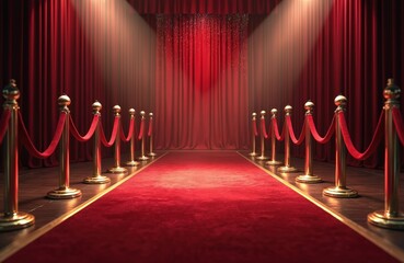 Luxurious red carpet entrance with stanchions, velvet ropes leads toward grand stage. Bright spotlights illuminate path, enhancing atmosphere of prestige. Elegant formal event, suitable for awards,