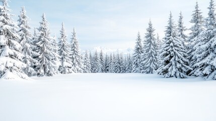 Snow-covered pines in mountain winter landscape