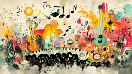 doodle art music scene with animated instruments, dancing notes, and energetic characters enjoying the beat 