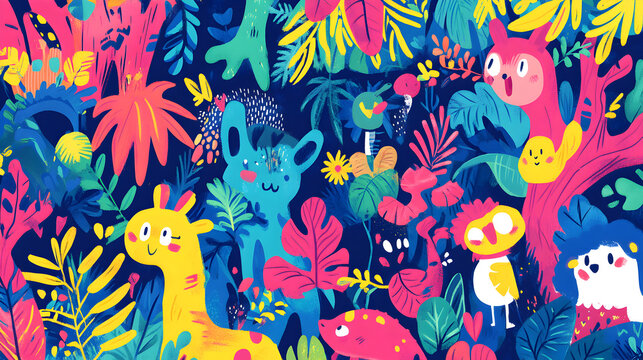 doodle art jungle with cute animals, twisting vines, and happy trees with expressive faces 