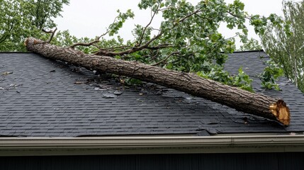 A tree fell on a roof causing damage. Concept of storm damage, natural disaster, and home insurance.