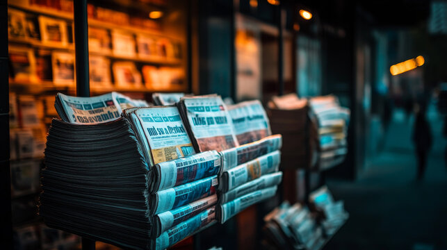 Street newsstand with newspapers on sidewalk against brick wall background at night. Cartoon vector illustration of papers with daily breaking news. Publication headline about crime on main page