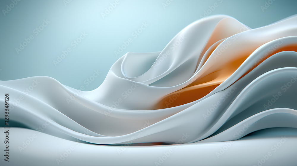 Poster flowing, wave like abstract sculpture with smooth, layered curves in soft white and orange hues crea