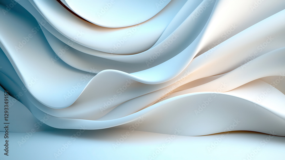 Poster Abstract parametric sculpture with flowing wave like layers in soft blue and white tones, creating serene and fluid visual experience