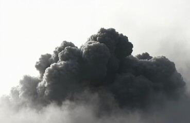 Dramatic cloud of black smoke in sky after explosion. Danger pollution concept. Toxic gas emission burst of smoke from detonation. Air contamination disaster as result of collision or terror attack.