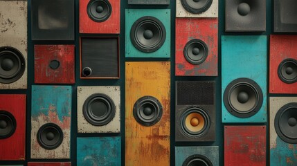 Obraz premium A wall of colorful vintage speakers. Music and audio concept.